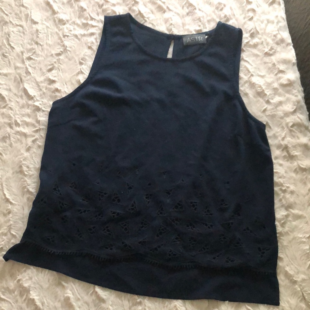 Astr Sleeveless Navy Blue Lasercut Triangle Tank Top